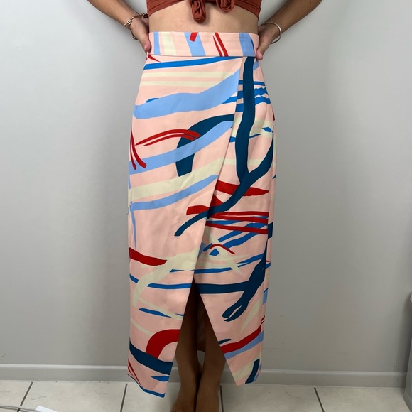 C/MEO Cameo Pencil Skirt Pink Multi Geometric Slit Maxi Long High Waist Size L - Picture 2 of 14